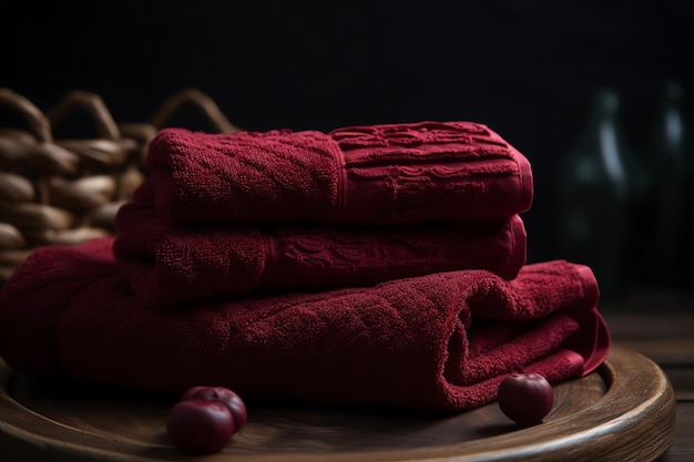 A stack of towels on a plate with a red towel on top.