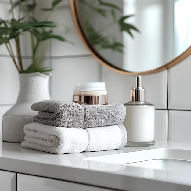 A stack of towels sitting on top of a bathroom counter next to a mirror and a vase with a plant