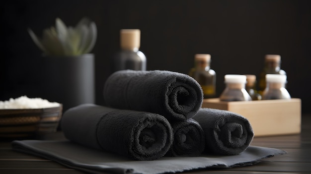 A stack of towels on a table with a bottle of essential oil.
