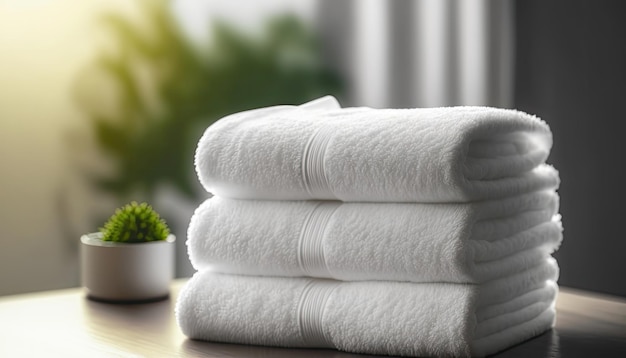 A stack of towels on a table with a plant in the background.