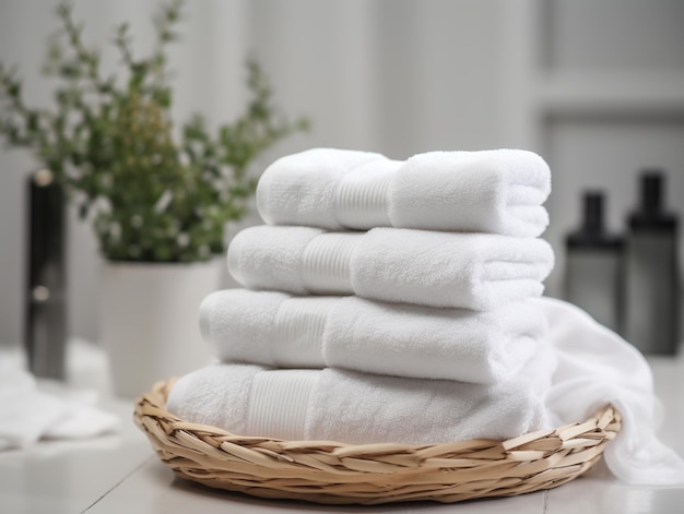 A stack of towels on a table with a plant in the background