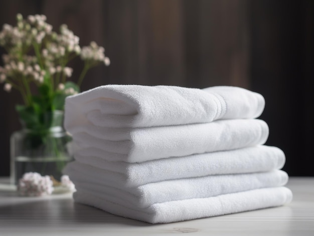 A stack of towels on a table with a vase of flowers in the background.