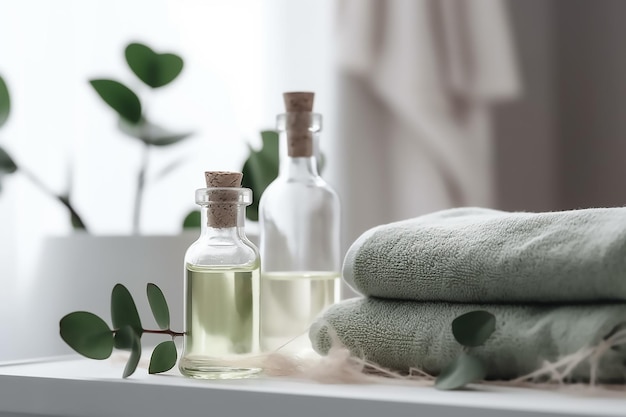 A stack of towels on a tray with a white towel on the table