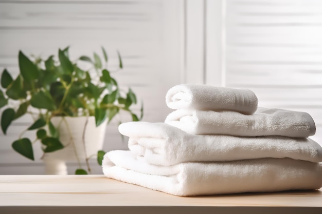 A stack of towels on a tray with a white towel on the table