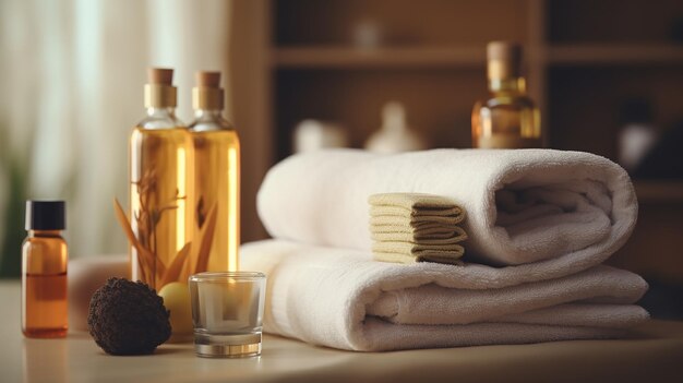 a stack of towels with a bottle of perfume next to it