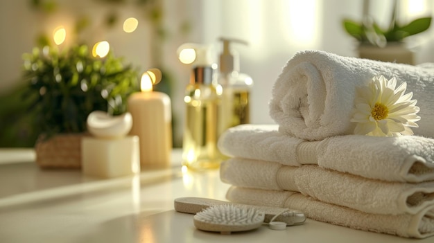 a stack of towels with a brush on the table next to a bottle of perfume