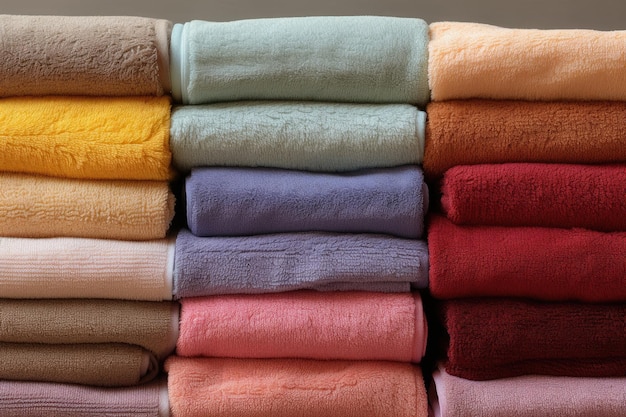 a stack of towels with a yellow towel