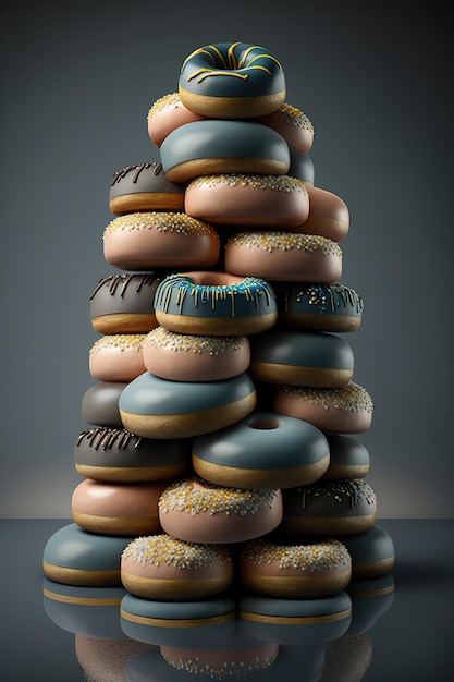 Stack or tower of tasty sweet different colored donuts