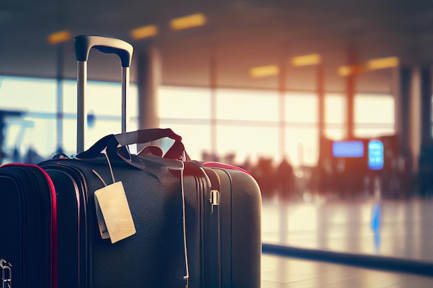 Stack of traveling luggage in airport terminal and passenger plane flying over sky AI Generated