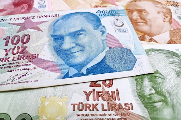 Stack of Turkish lira TRY banknotes as background