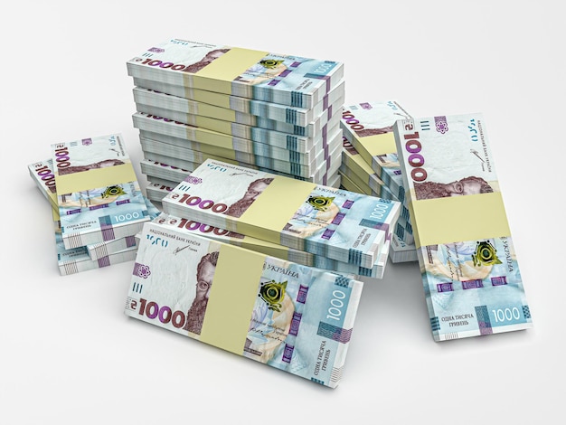 Stack of ukrainian money hryvnia grivna hryvna with 1000 banknotes Finance concept