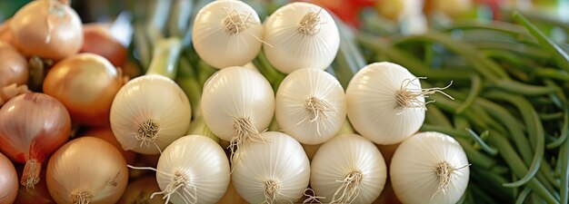 Stack of uncooked white onions at the market beside the grocery shop