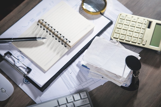 Stack of unpaid financial bills on the desk. Business. Finance