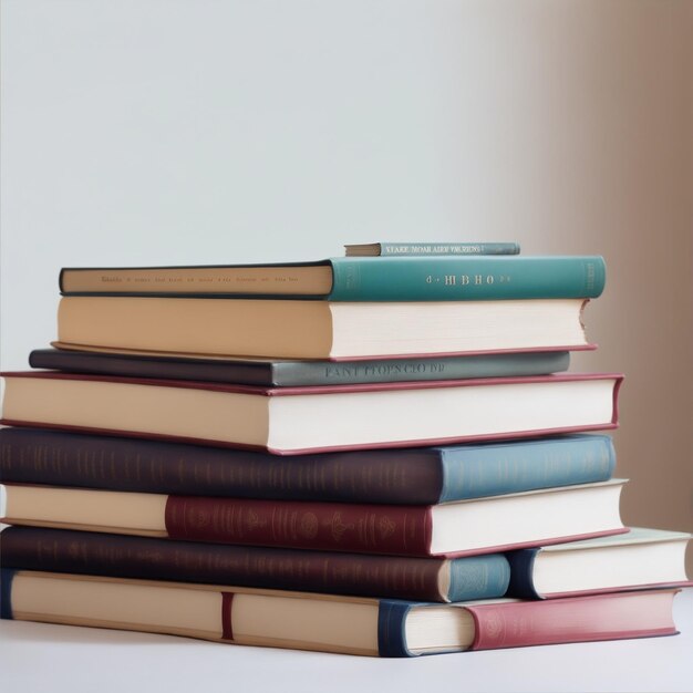 stack of various books on a table