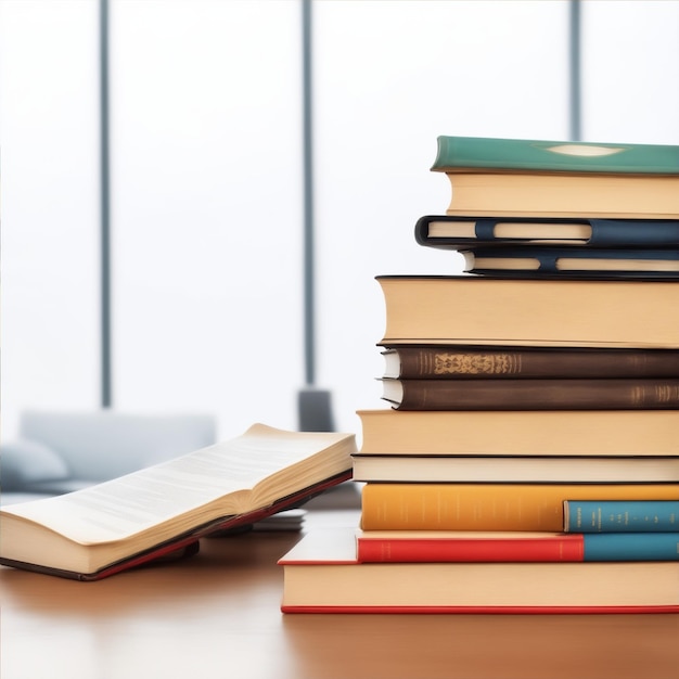 stack of various books on a table