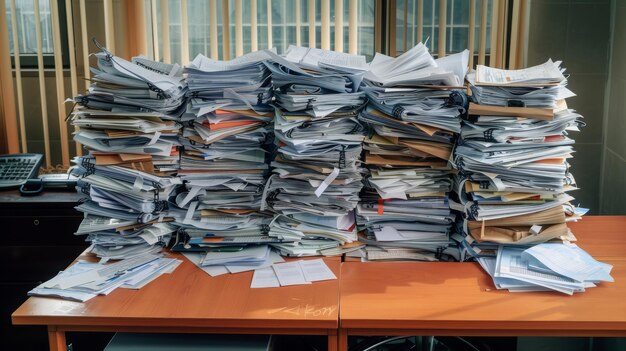 Photo stack of various papers arranged haphazardly on top of a sturdy wooden table the chaos and order of