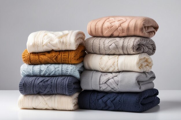 Stack of various sweaters isolated on white background