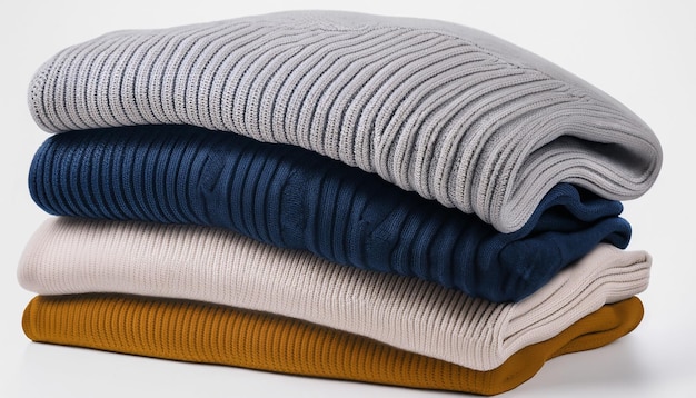 Stack of various sweaters isolated on white background