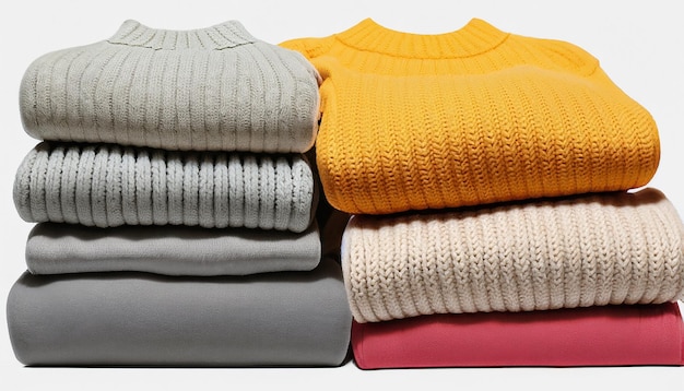 Stack of various sweaters isolated on white background