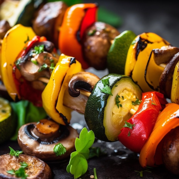 A stack of vegetables on a skewer with a green leaf on it.