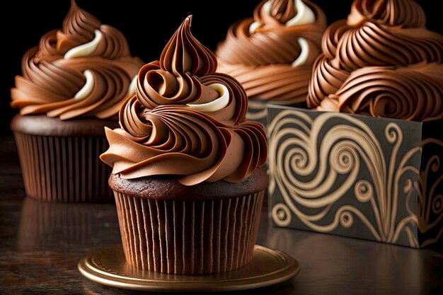 A stack of vibrant chocolate cupcakes topped with swirls of creamy frosting created with generative