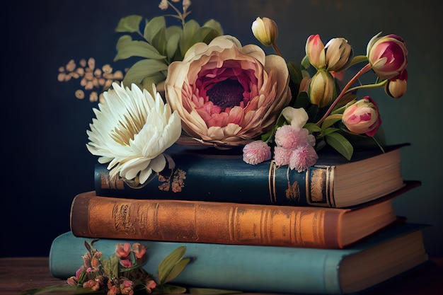 Stack of vintage books and a bouquet of beautiful flowers Generative Ai