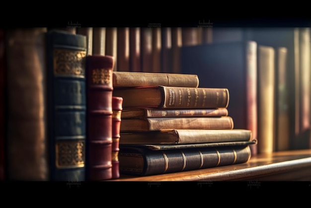 На столе в библиотеке стопка старинных книг в кожаных обложках
