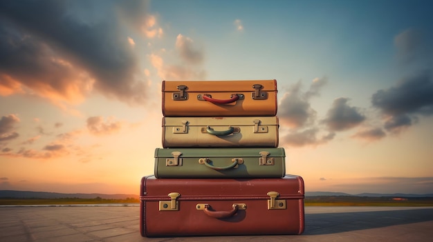 Stack of vintage suitcases at dawn