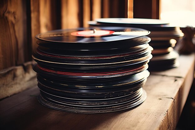 Stack of Vinyl Records on Rustic Wooden Table