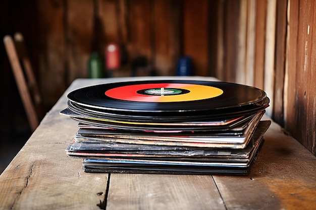 Foto pila di dischi in vinile su tavolo in legno rustico