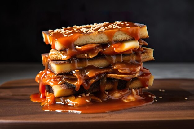 A stack of waffles covered in caramel sauce AI generative image Tteokbokki Korean food