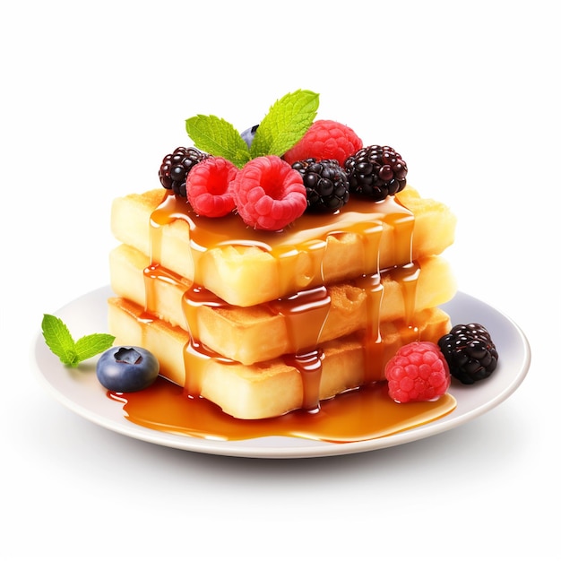 Stack of waffles on a plate with berries on isolated white background