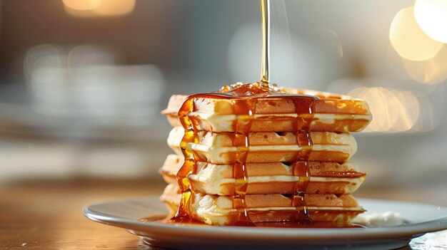 A stack of waffles topped with syrup and powdered sugar on a plate