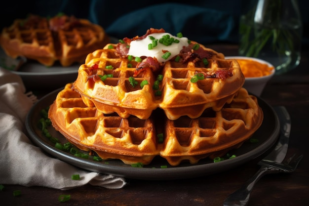 A stack of waffles with bacon on top