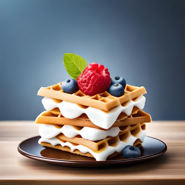 A stack of waffles with berries and a blueberry on top.