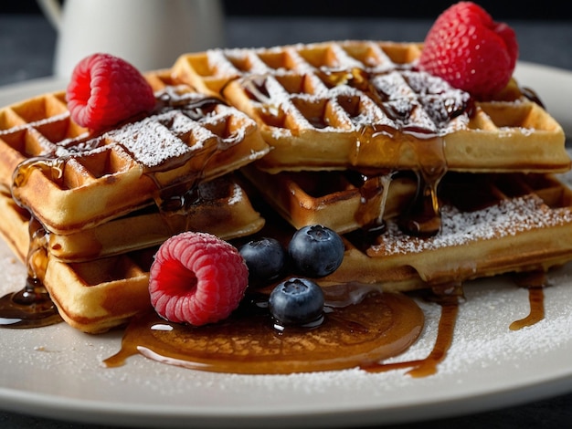 a stack of waffles with berries and syrup on top of them