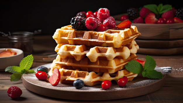 A stack of waffles with berries on top