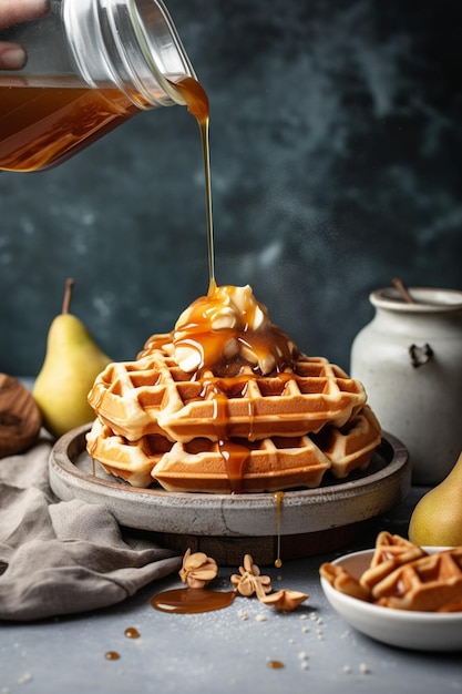 A stack of waffles with a caramel drizzle being poured over it.