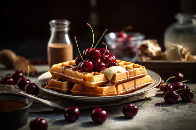 A stack of waffles with cherries on top