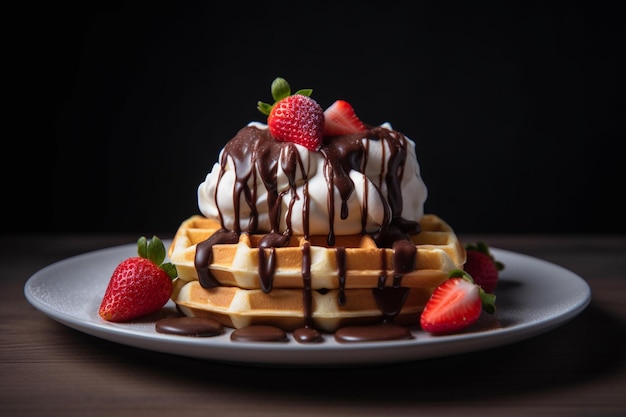 A stack of waffles with chocolate and strawberries on top.