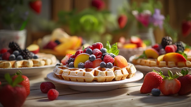 A stack of waffles with fruit on top