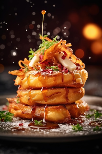 A stack of waffles with a pile of bacon and cheese on top.