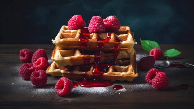 A stack of waffles with raspberries on top