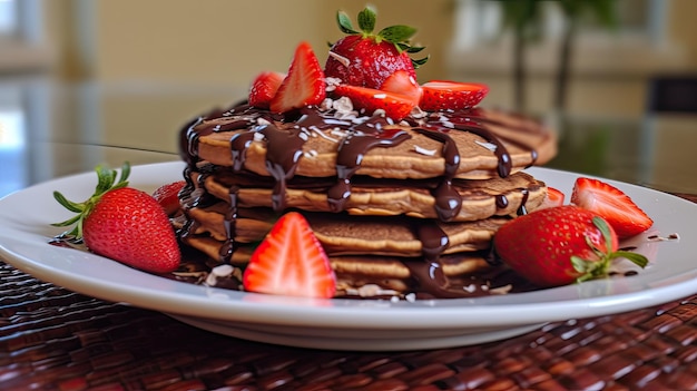 A stack of waffles with strawberries on a plate