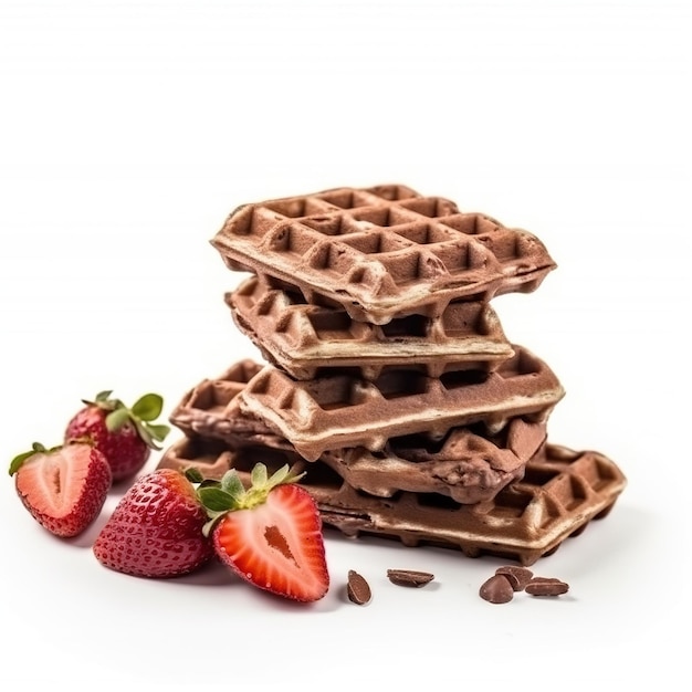 A stack of waffles with strawberries on the side.