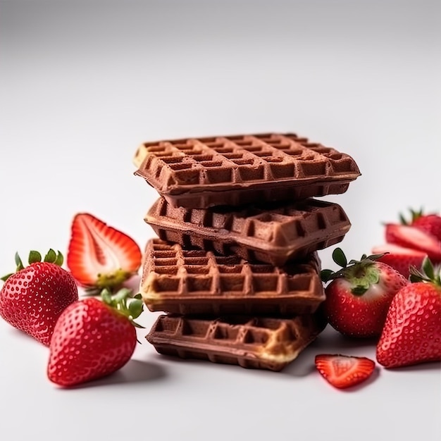 A stack of waffles with strawberries on the side.