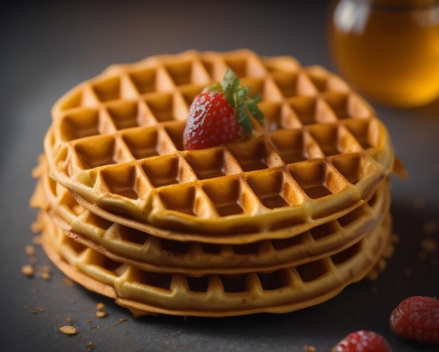 a stack of waffles with a strawberry on top of them