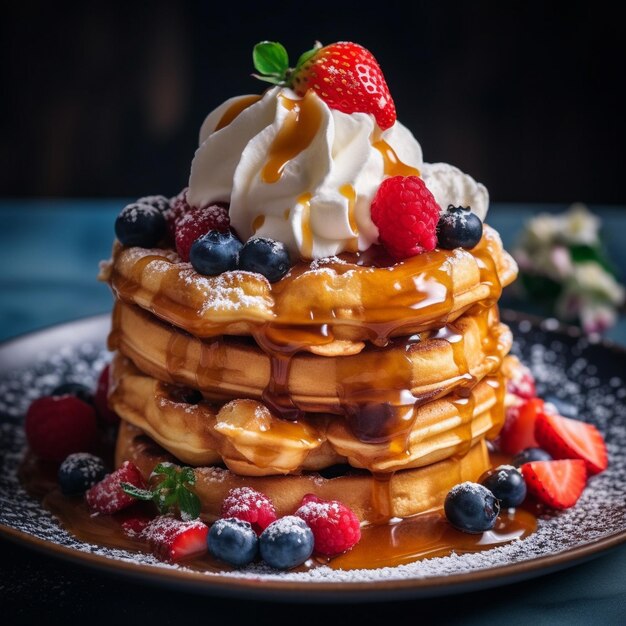 a stack of waffles with syrup and berries on top.