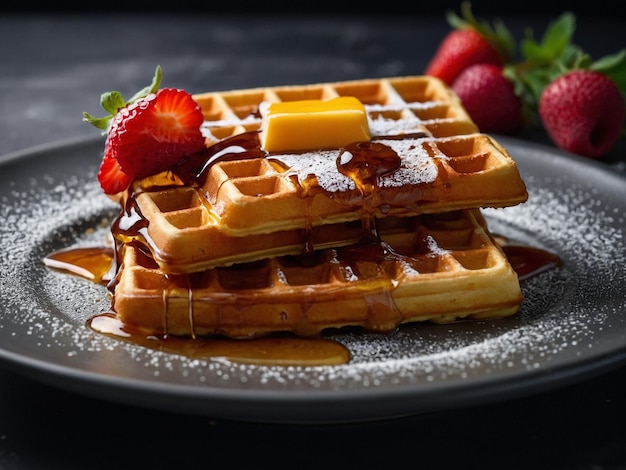 a stack of waffles with syrup and strawberries on a plate