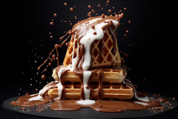 a stack of waffles with syrup and syrup on a black background